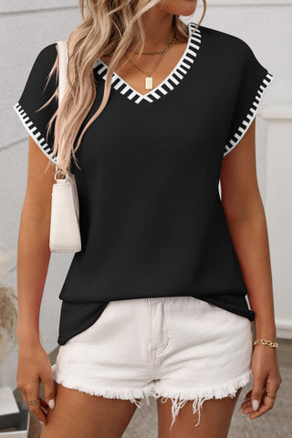 V Neck Striped Knit Top Black
