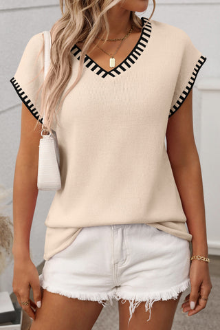 V Neck Striped Knit Top Cream