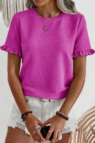 Ruffle Sleeve Round Neck Textured Top Pink