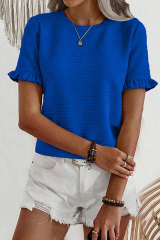 Ruffle Sleeve Round Neck Textured Top Blue