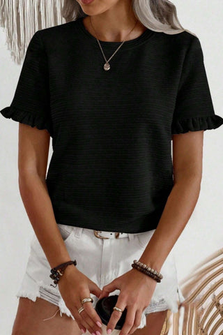 Ruffle Sleeve Round Neck Textured Top Black