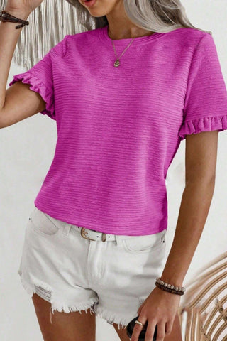Ruffle Sleeve Round Neck Textured Top Pink