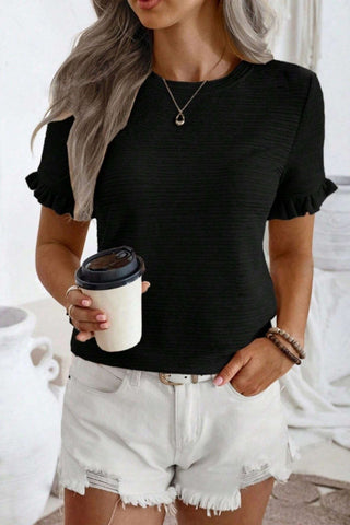 Ruffle Sleeve Round Neck Textured Top Black