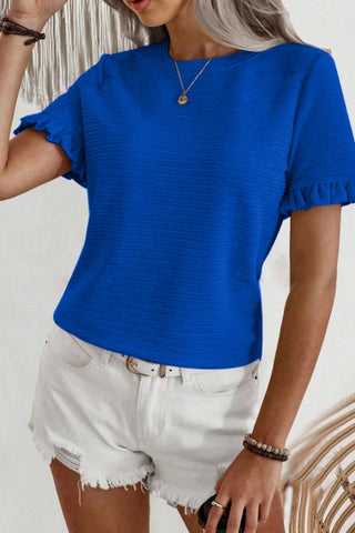 Ruffle Sleeve Round Neck Textured Top Blue