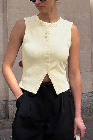 Round Neck Ribbed Button Up Vest Cream