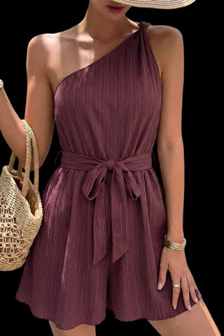 Textured One Shoulder Waist Tie Rompers