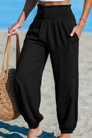Smocked High Waist Casual Pant Black