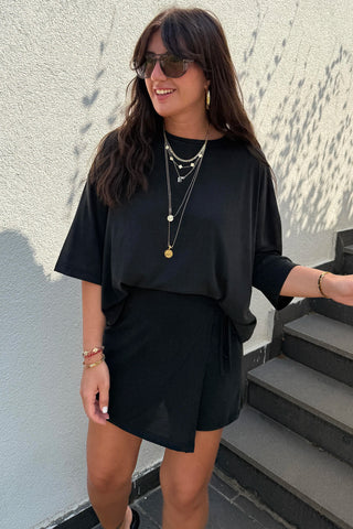 Black Oversize Tee Tie Wrap Mini Skort Set