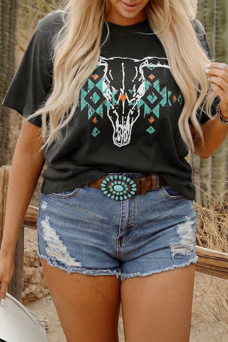Bull Head Skull Turquoise Aztec Graphic Tee