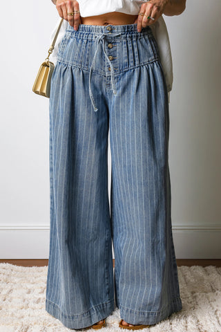 Striped Button Pleated Denim Wide Leg Jeans