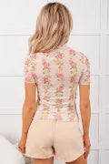 Beige Floral Print Mock Neck Short Sleeve Mesh Top