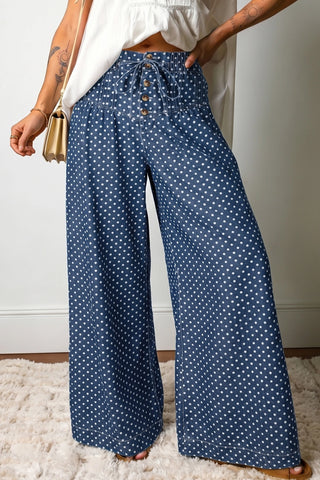 Polka Dot Button Pleated Denim Wide Leg Jeans