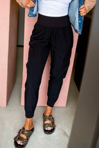 Black Elastic High Waist Pocketed Cargo Joggers