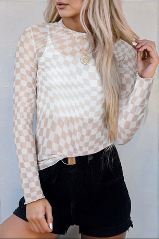 Cream Checkered Mesh Top