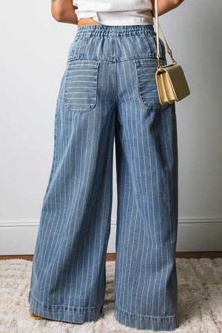Striped Button Pleated Denim Wide Leg Jeans