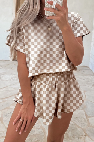 Brown Checker T Shirt and High Waist Skorts Set
