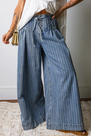 Striped Button Pleated Denim Wide Leg Jeans